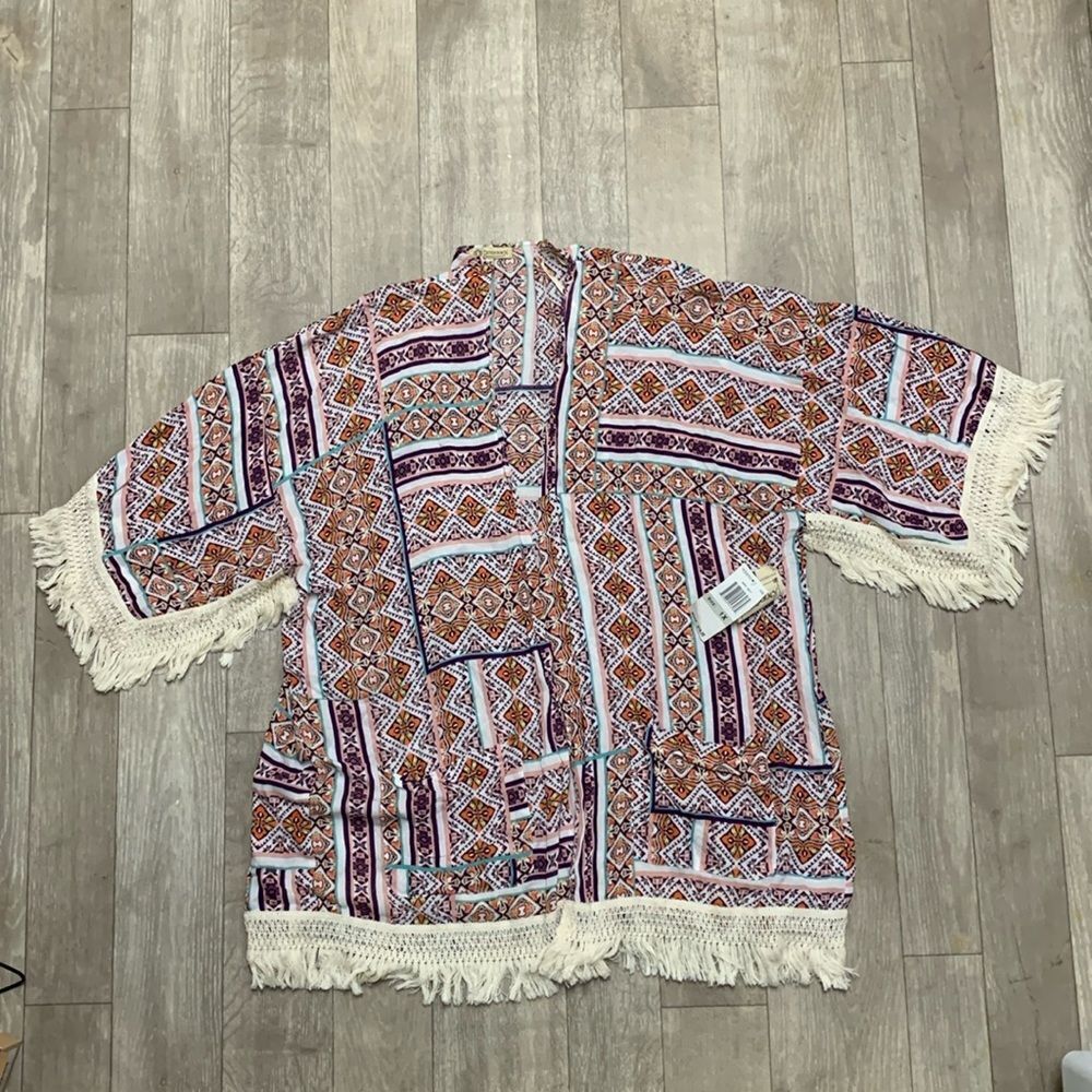 Womens NWT Democracy‎ Aztec Kimono Fringe Open Lightweight Cardigan